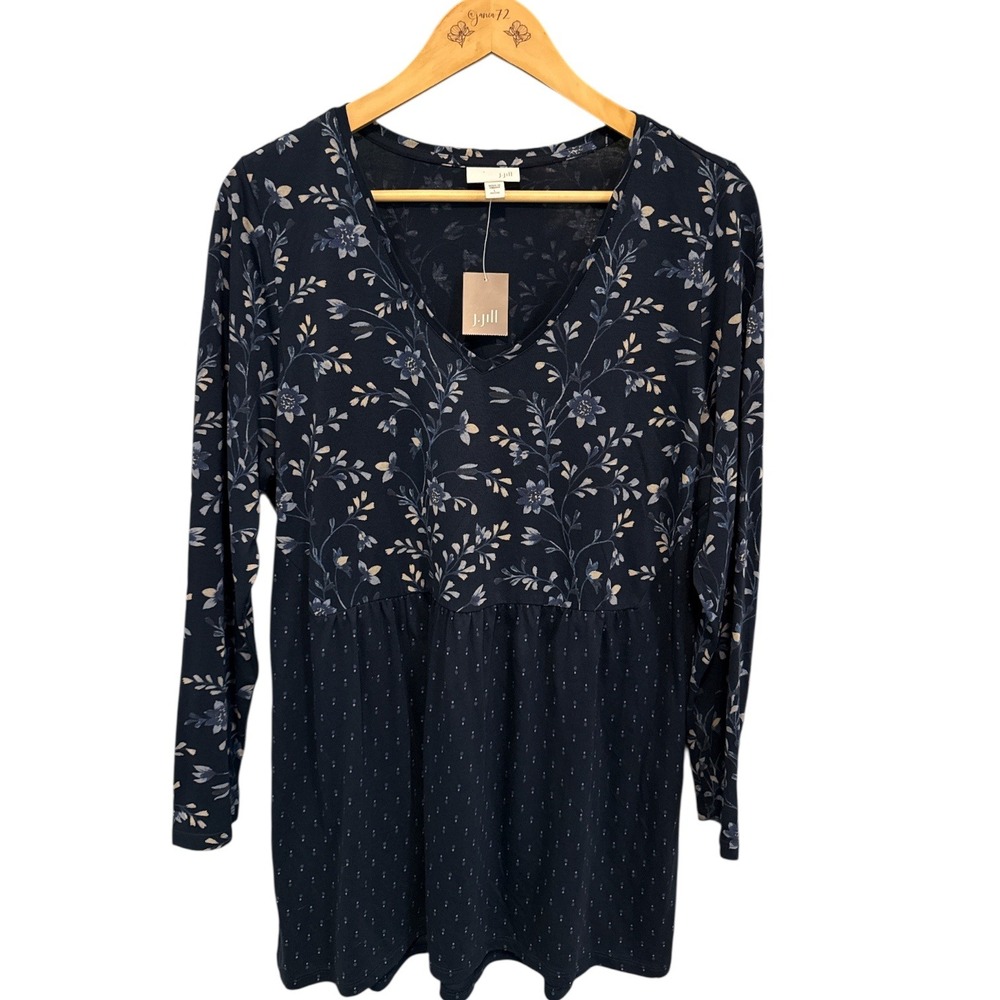 NWT J. Jill Navy Floral Dotted V-Neck Tunic Top‎ Rayon Mix Sz L Petite Boho